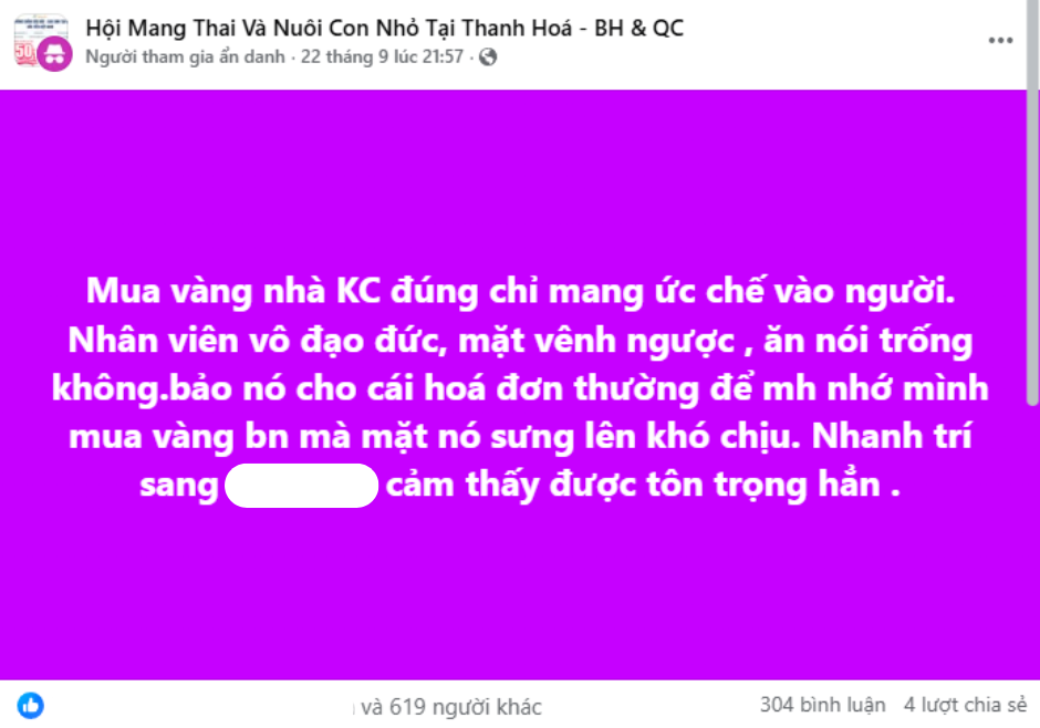 Vàng Bạc Kim Chung Thanh Hóa: Khách hàng bỏ tiền… mà thấy “mất quyền” đánh giá 1 sao cả núi