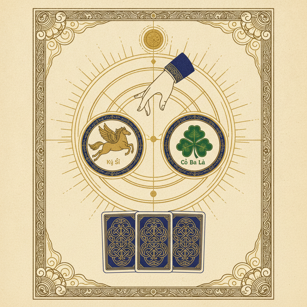 Hai lá bài Lenormand Kỵ Sĩ và Cỏ Ba Lá đặt cạnh nhau